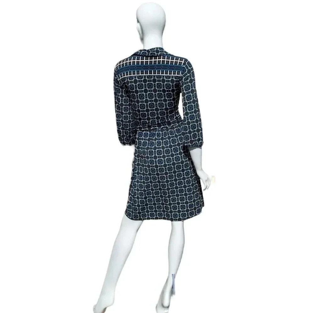 Talbots Petites Geometric Belted Dress Size 4 Blue/ Brown/ White/Turqouise - Picture 4 of 12